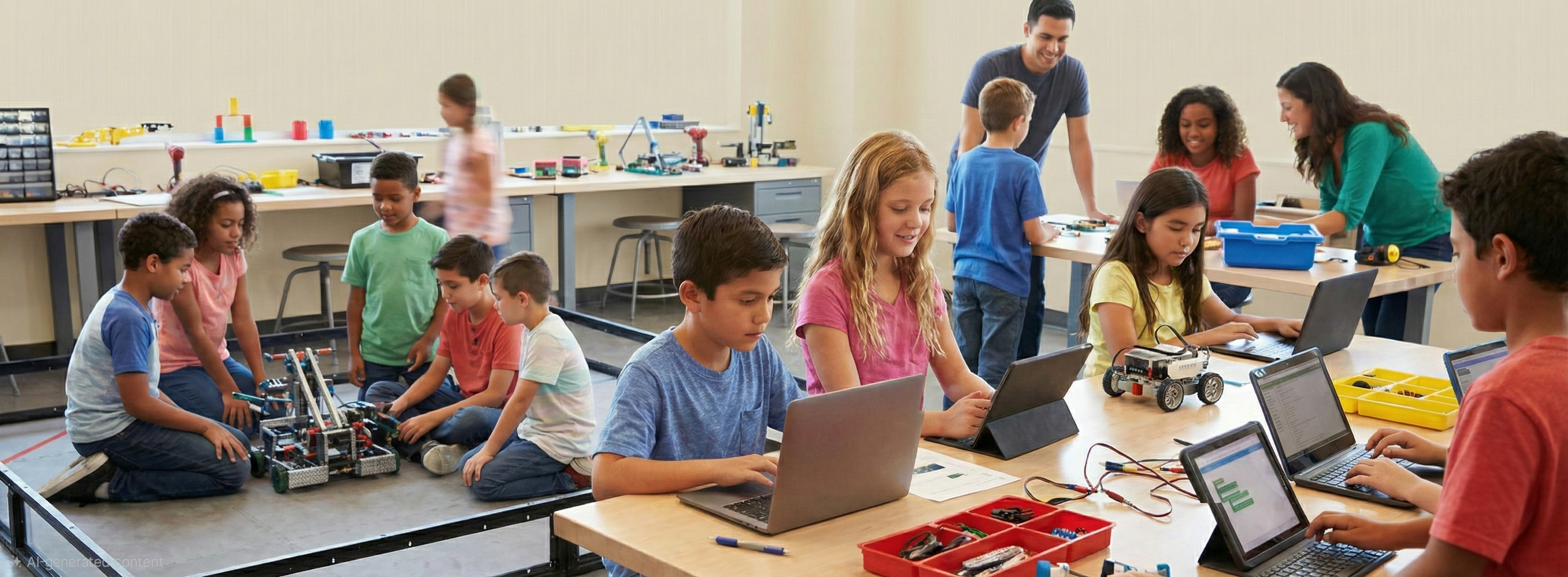 Students building robots